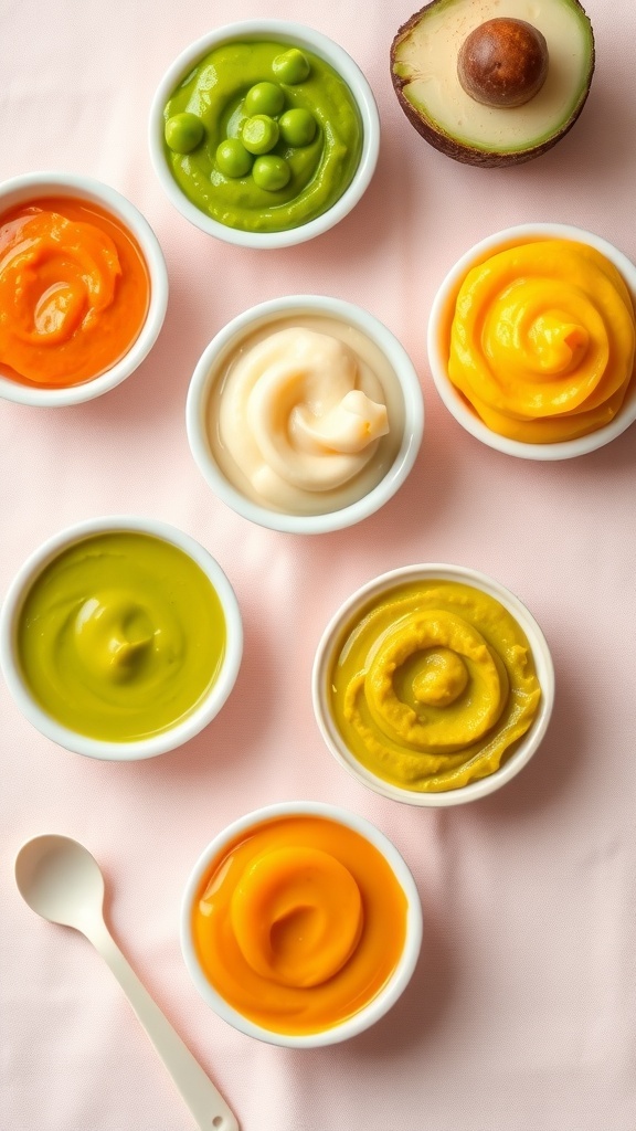 An assortment of baby food purees in bowls, including sweet potato, peas, and avocado, with a baby spoon.